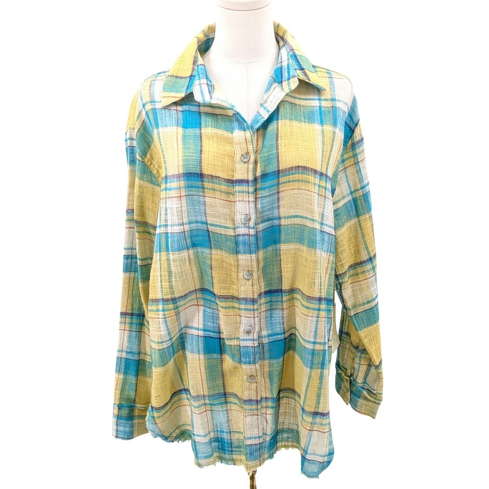 La Miel Plaid Gauze Shirt Raw Hem Boho Beach Lightweight‎ NWT L